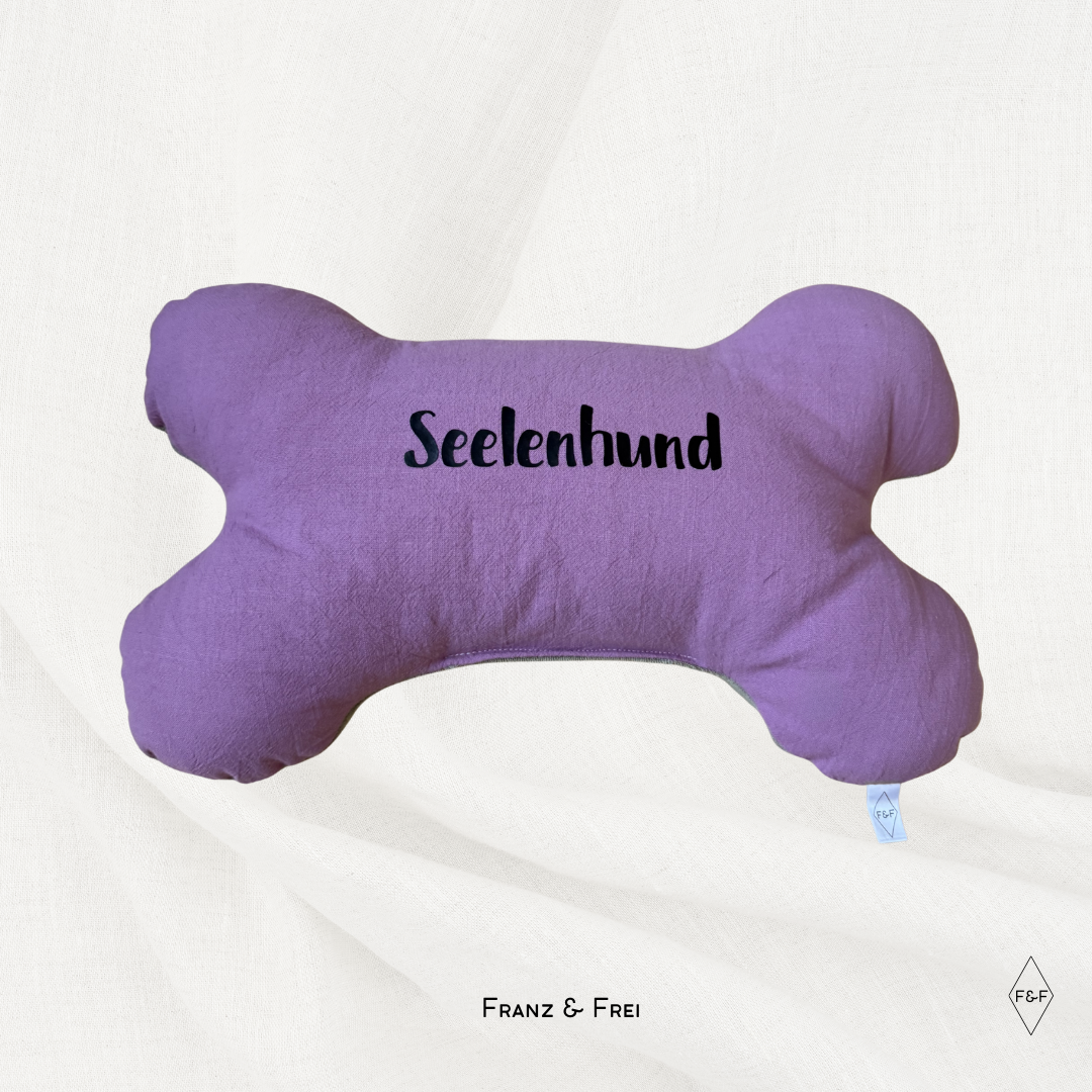 KNOCHENKISSEN I EINZELSTÜCK I LILA BAUMWOLLE & GRÜNER FROTTEE I SEELENHUND