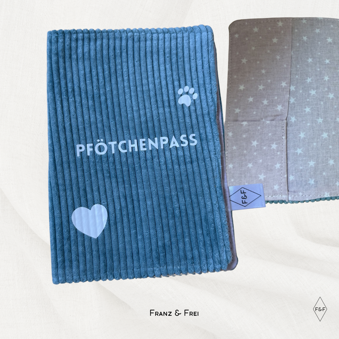 EU-HEIMTIERAUSWEISHÜLLE I EINZELSTÜCK I "PFÖTCHENPASS" I BLAU & ROSA STERNE