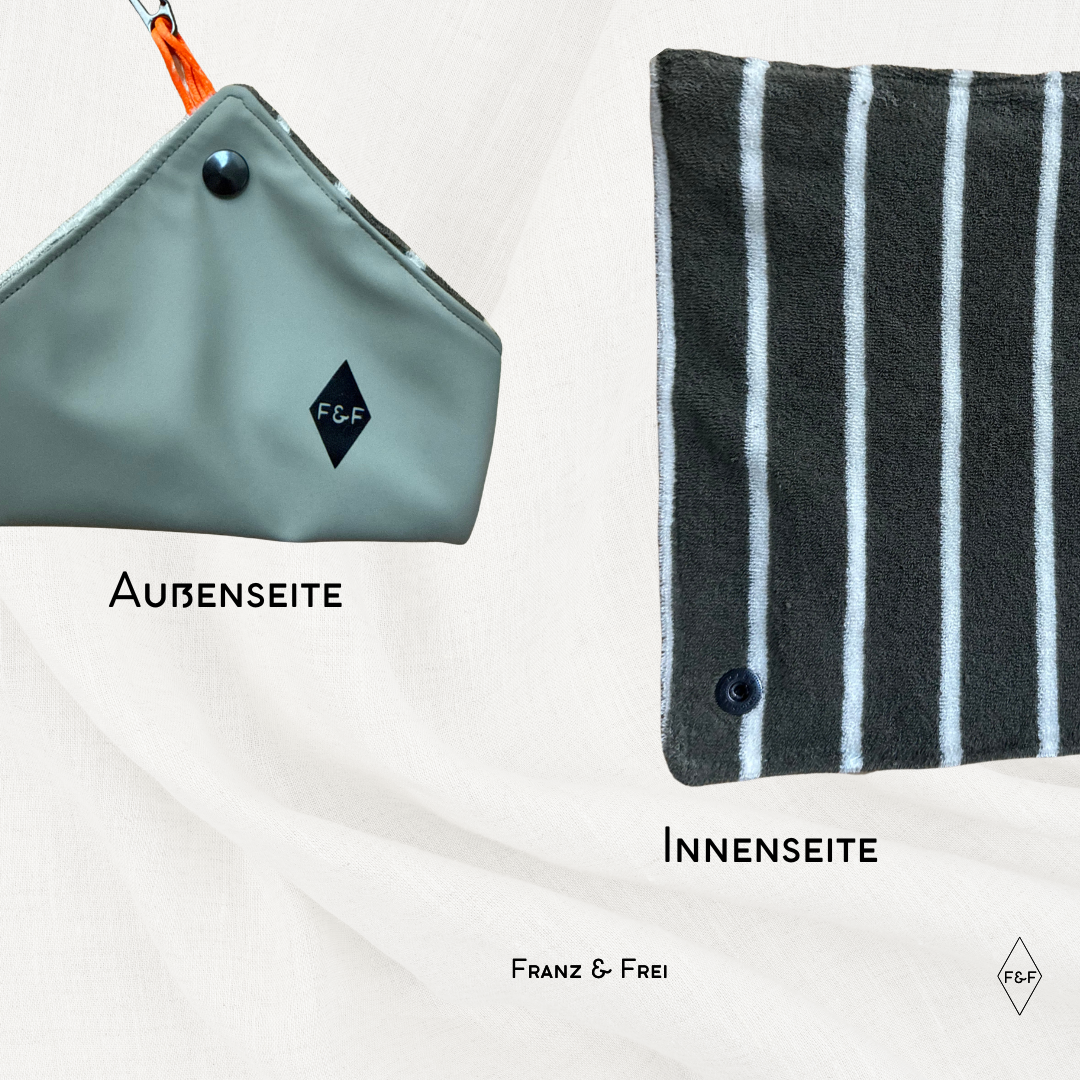 PFOTENFREUND I HELL OLIV & GESTREIFTER FROTTEE I MINI HANDTUCH TO GO